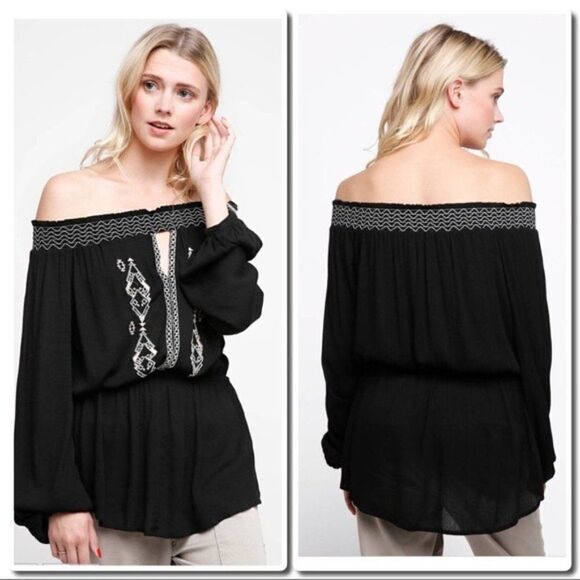 boho Off Shoulder Embroidered Blouse White & Black - Picture 5 of 10